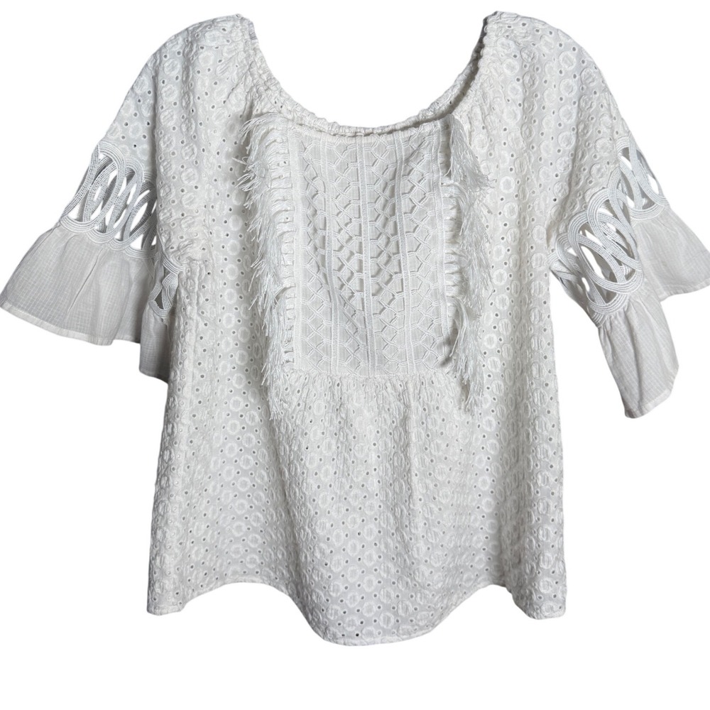 Eyelet Blouse Women Medium White Cotton Boho Lace Fringe Bell Sleeve Embroidery
